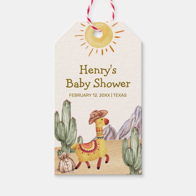 Hej Baby Desert Cactus Llama Cowboy Baby Shower Presentetikett (Framsidan)