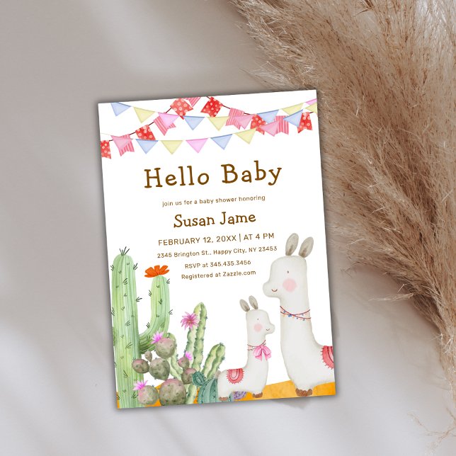 Hej Baby Desert Cactus Llama Fiesta Baby Shower Inbjudningar (Hello Baby Desert Cactus Llama Fiesta Baby Shower Invitation)