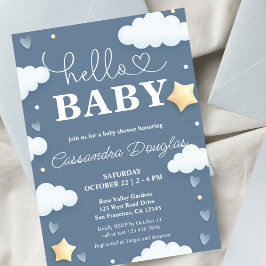 Hej Baby Dusty Blue Clouds Modern Baby Shower Inbjudningar