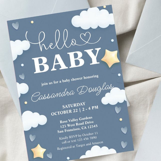 Hej Baby Dusty Blue Clouds Modern Baby Shower Inbjudningar (Skapare uppladdad)