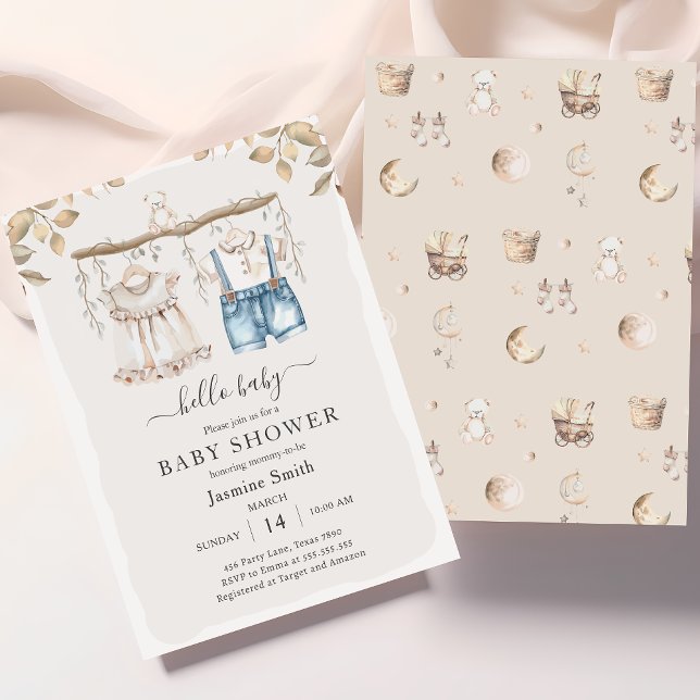 Hej Baby Elegant Boho Clothes Baby Shower Inbjudningar (Skapare uppladdad)
