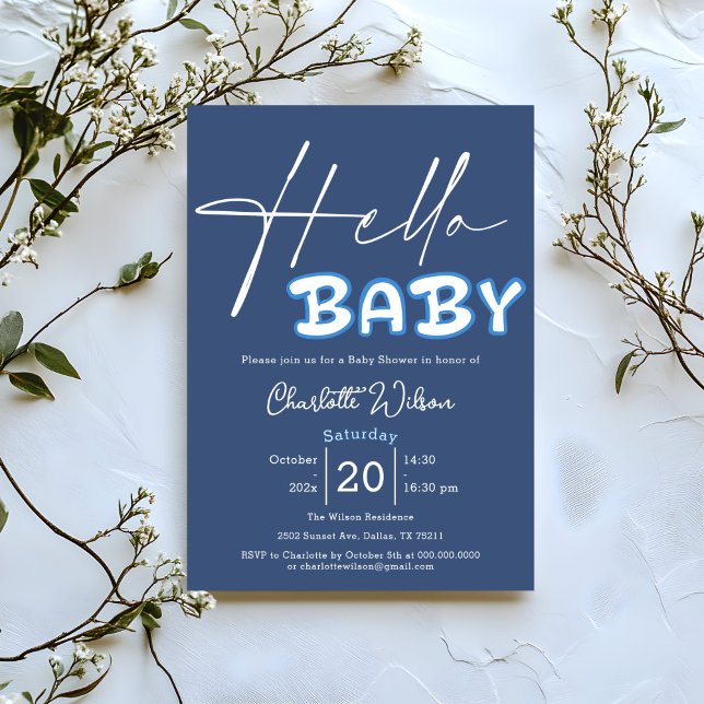 Hej Baby Elegant Mörkblå Bebis Bebis Shower Inbjudningar (Skapare uppladdad)