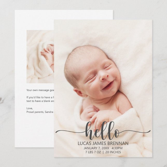 Hej Baby födelsemeddelandekort Meddelande (Fram/baksida)