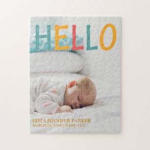HEJ baby fotofödelsemeddelande namn och statistik Pussel