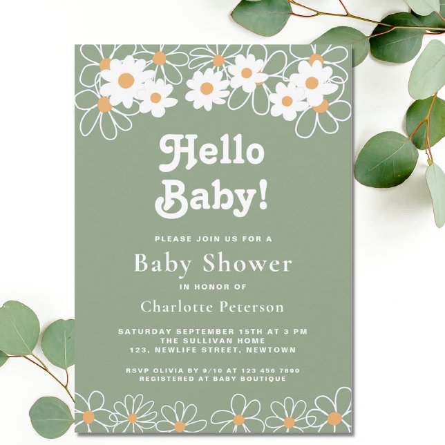 Hej Baby Gender-Neutralt Daisy Grönt Babykläder Inbjudningar (Skapare uppladdad)