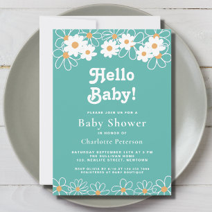 Hej Baby Gender-Neutralt Daisy Teal Baby Shower Inbjudningar
