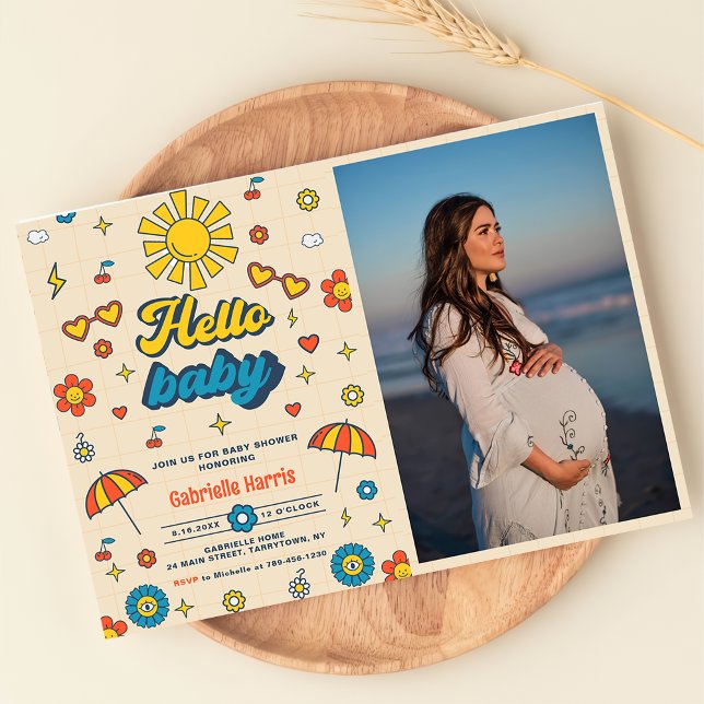 Hej Baby Groovy Retro Baby Shower Party Photo Inbjudningar (Skapare uppladdad)