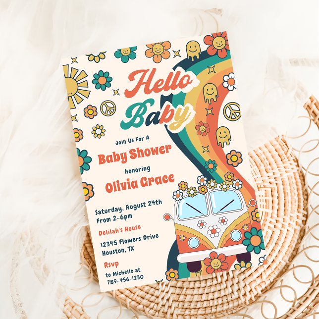 Hej Baby Groovy Retro Blommigt Baby Shower Party Inbjudningar (Skapare uppladdad)