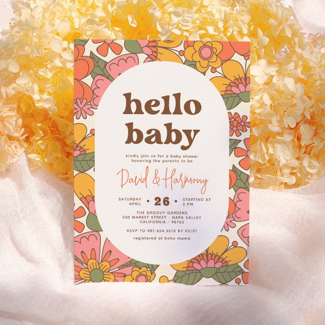 Hej Baby | Groovy Retro Blommor Boho Barnkalas Inbjudningar (Skapare uppladdad)