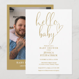 Hej Baby Guld Script Hjärtfoto Barnkalas Inbjudningar