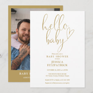 Hej Baby Guld Script Hjärtfoto Barnkalas Inbjudningar
