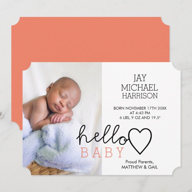 Hej Baby Heart Birth Notice of Meddelande (Fram/baksida)