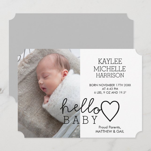 Hej Baby Heart Girls Birth Notice Meddelande (Fram/baksida)