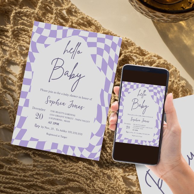 Hej Baby Lila Checkated Gingham | Babydusch Inbjudningar (Skapare uppladdad)