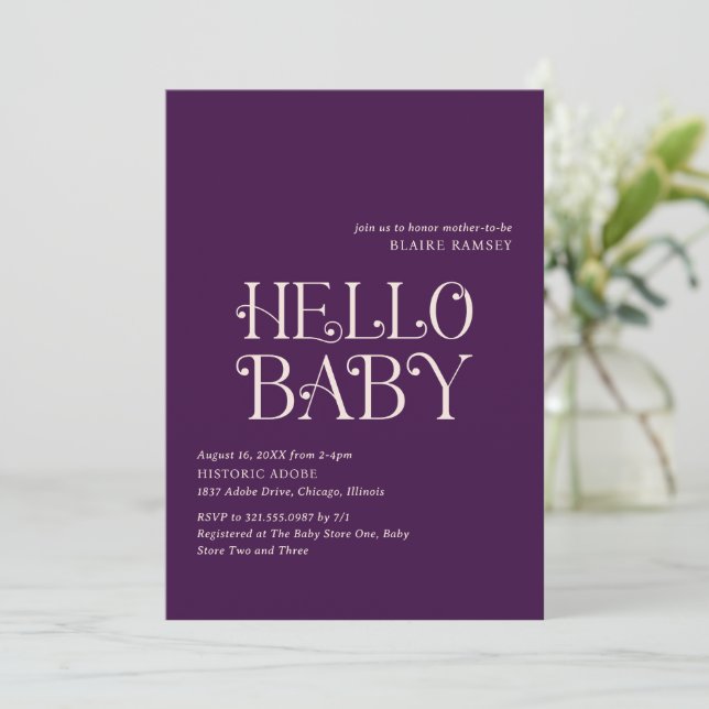 Hej Baby Lila Modern Baby Shower Inbjudningar (Stående Fram)