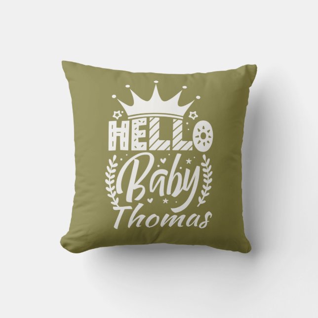 Hej Baby med Krona och Namn Oliv grönt Kudde (Framsida)