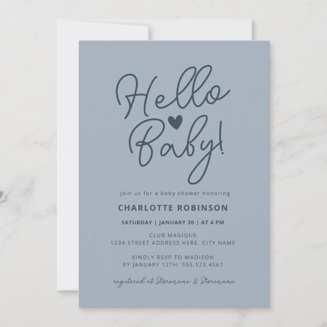 Hej Baby Modern Cute Dusty Blue Boy Shower Inbjudningar (Framsida)