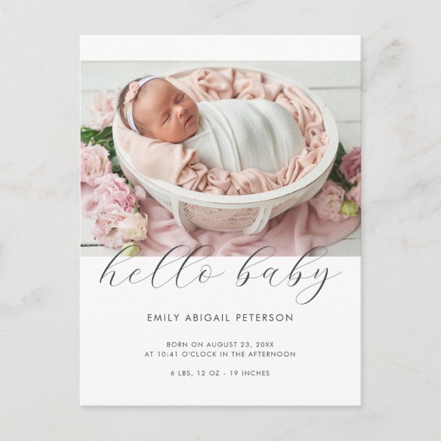 Hej Baby Modern Enkel Foto Födelseannons Vykort (Framsida)