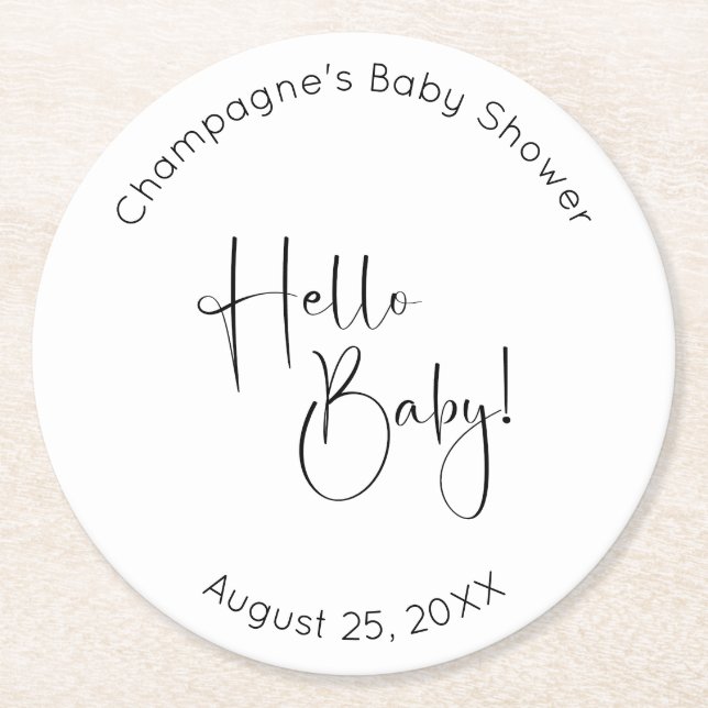 Hej Baby Modern Script Baby Shower Underlägg Papper Rund (Framsidan)