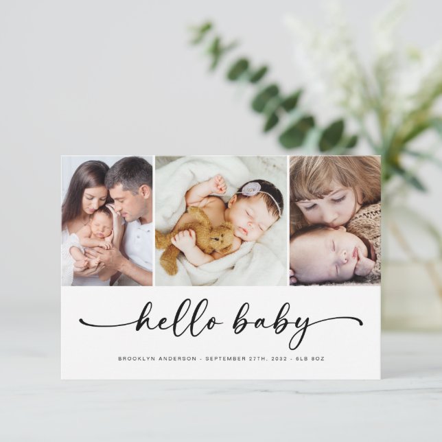 Hej Baby | Modern tre foto-födelse Meddelande (Stående Fram)