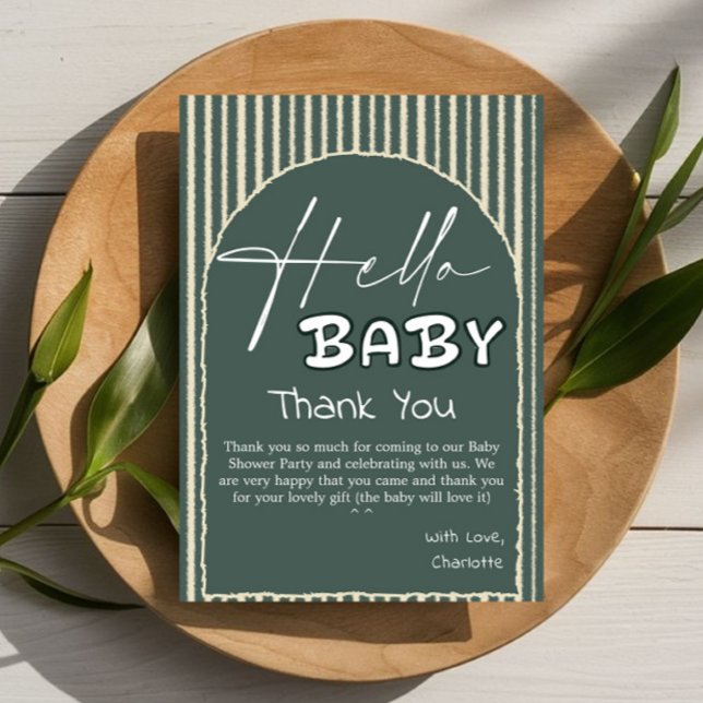 Hej Baby Mörkgröna Ränder Baby Shower Tack Kort (Skapare uppladdad)