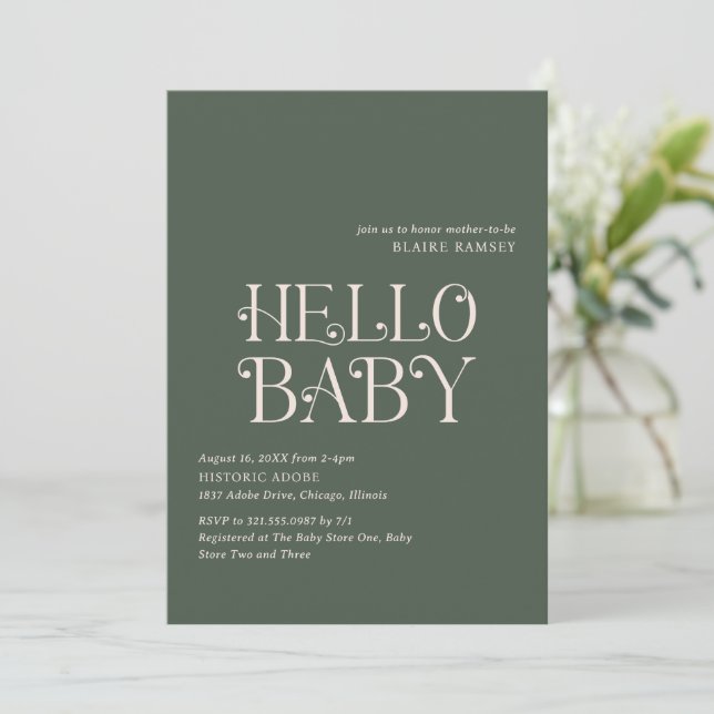 Hej Baby Moss Grönt Modern Baby Shower Inbjudningar (Stående Fram)