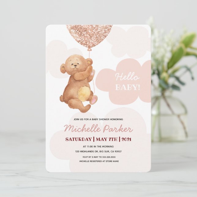 Hej Baby Nalle Rosa Clouds Baby Shower Inbjudningar (Stående Fram)