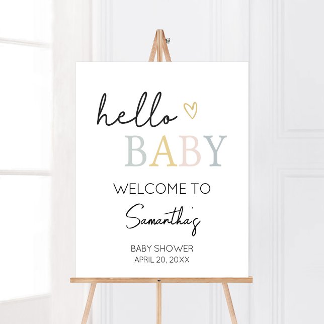 Hej Baby Neutralt - minimalistiskt välkomstmeddela Poster (Pastel Letters Minimalist Baby Shower Welcome Sign)