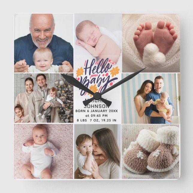 Hej Baby | Nyfödd Statistik 8 Bilder Fyrkantig Klocka (Framsida)