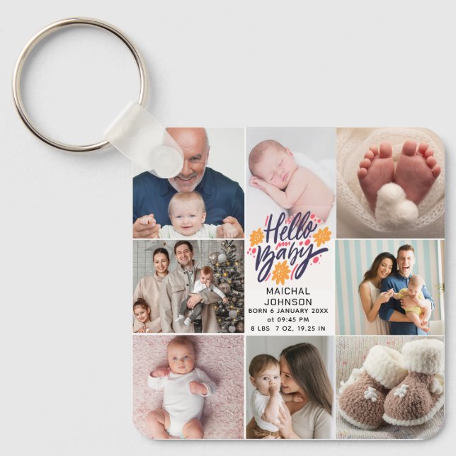 Hej Baby | Nyfödd Statistik 8 Bilder Nyckelring (Framsida)