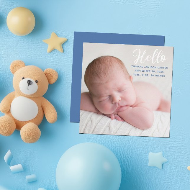 Hej Baby Photo Simple Boy Birth Announcement Anteckningskort (Skapare uppladdad)
