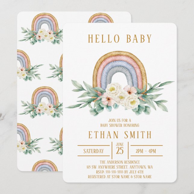 Hej Baby Rainbow Blommigt Watercolor Baby Shower Inbjudningar (Fram/baksida)
