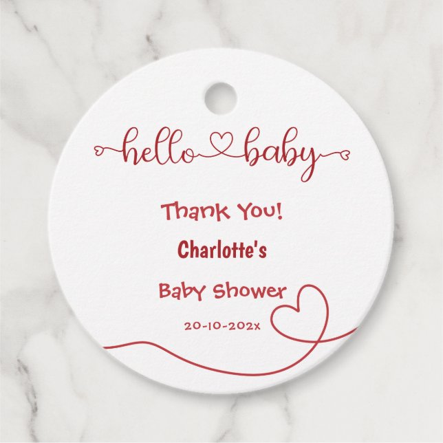 Hej Baby Red Heart Minimal Baby Shower Gåvor Etiketter (Framsida)