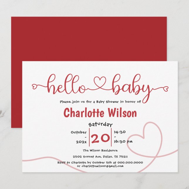 Hej Baby Red Heart Minimal Baby Shower Inbjudningar (Fram/baksida)