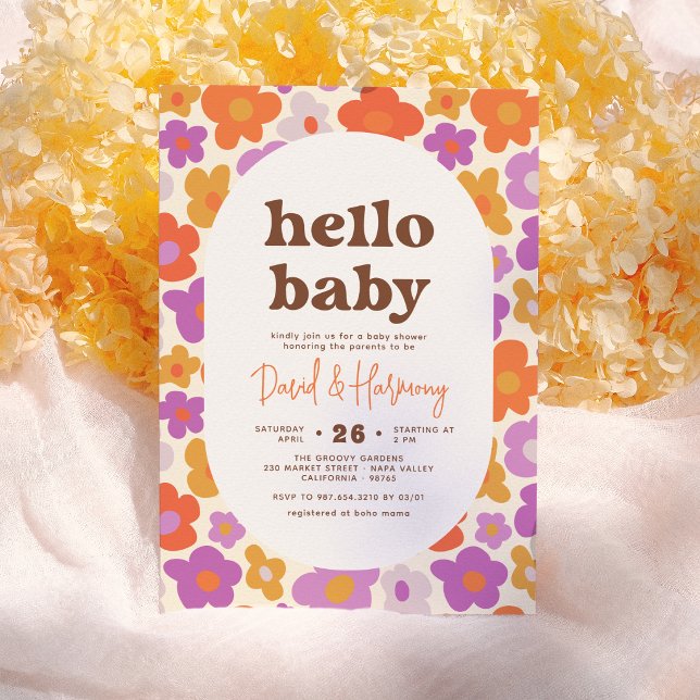 Hej Baby Retro Daisy Orange & Lila Barnkalas Inbjudningar (Skapare uppladdad)