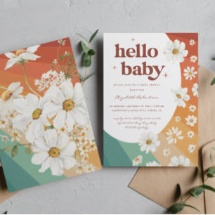Hej Baby Retro Daisy Regnbåge Bebisens Mottagnin Inbjudningar