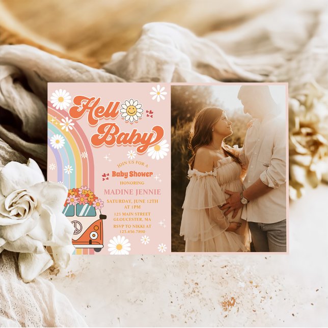 Hej Baby Retro Rainbow Baby Shower Party Photo Inbjudningar (Skapare uppladdad)