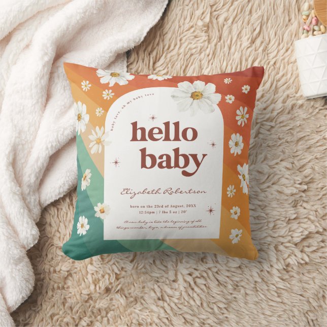 Hej Baby | Retro regnbåge tusenskönas födelsestati Kudde (Filt)