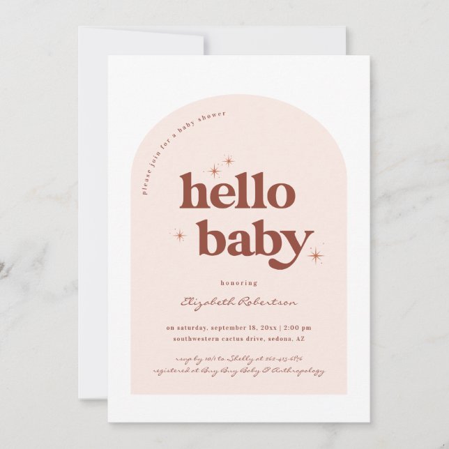 Hej Baby | Retro Rosa & Terrakotta Barnkalas Inbjudningar (Framsida)