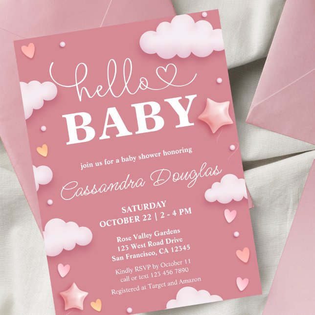 Hej Baby Rosa Clouds Modern Baby Shower Inbjudningar (Skapare uppladdad)
