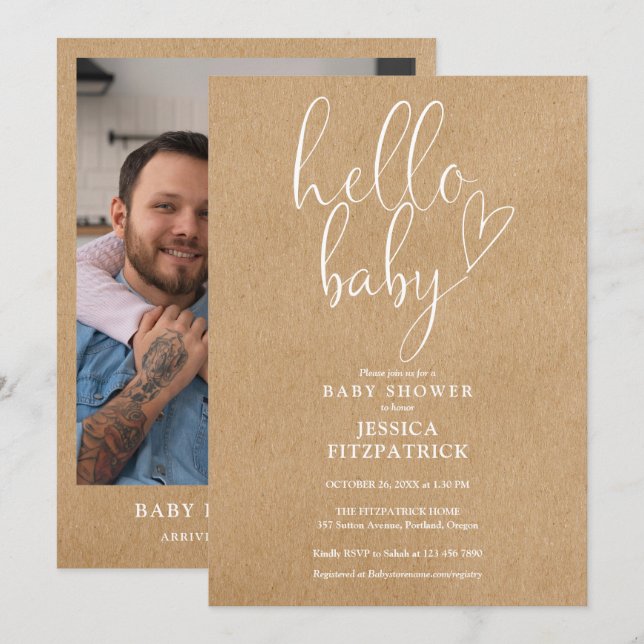 Hej Baby Rustik Kraft Foto Baby Shower Inbjudningar (Fram/baksida)