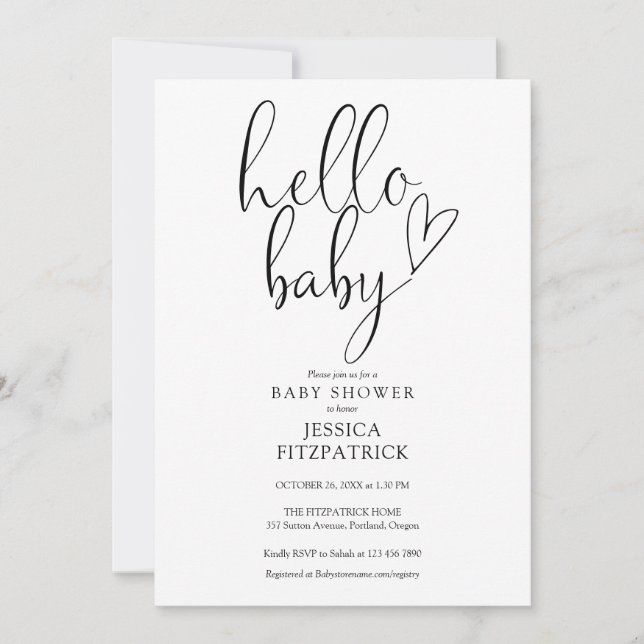 Hej Baby Script Black and White Baby Shower Inbjudningar (Framsida)