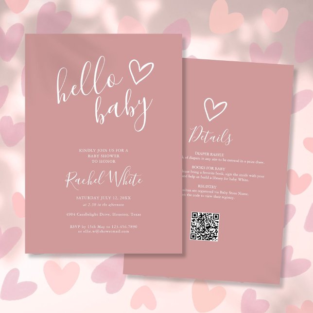Hej Baby Shower Allt-i-ett Dammt Rosa Rosa Inbjudningar (Hello Baby Shower All In One Dusty Rose Pink Invitation)