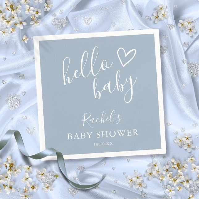 Hej Baby Shower Dusty Blue Pojke Cute Heart Pappersservett (Hello Baby Shower Dusty Blue Baby Boy Cute Heart Napkins)