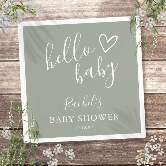 Hej Baby Shower Gender Neutral Boho Sage Grönt Pappersservett (Hello Baby Shower Gender Neutral Boho Sage Green Napkins)