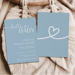 Hej Baby Shower Heart Baby blue minimalist Inbjudningar