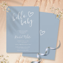 Hej Baby Shower Heart Dusty Blue Minimalist Inbjudningar