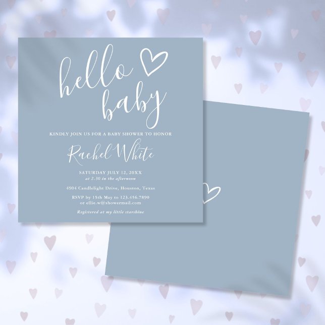 Hej Baby Shower Pojke Dusty Blue Cute Heart Inbjudningar (Hello Baby Shower Baby Boy Dusty Blue Cute Heart Invitation)