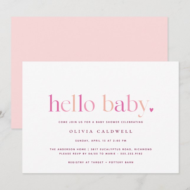 Hej Baby | Simulerad Rosa Baby Shower Inbjudningar (Fram/baksida)