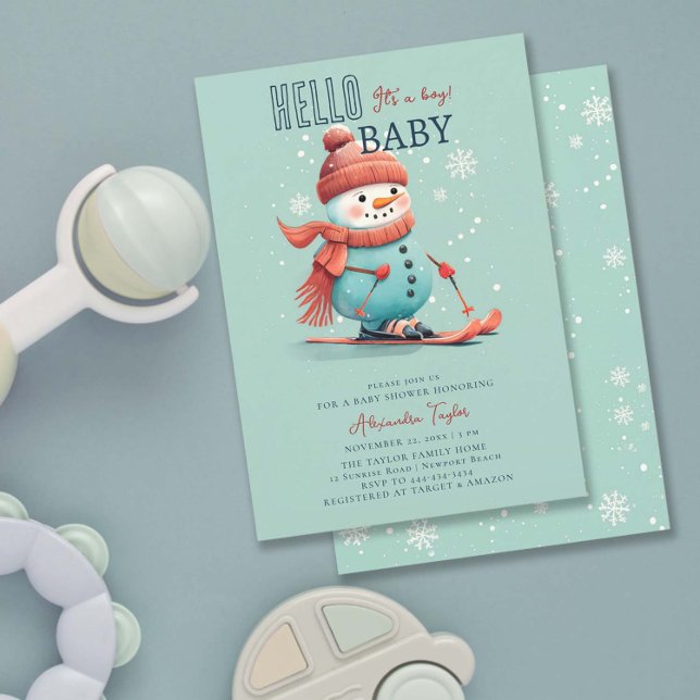 Hej Baby Snögubbe Skiing Winter Boy Shower Inbjudningar (winter baby boy shower invitation snowman sports skiing watercolor snowflake snow wonderland)